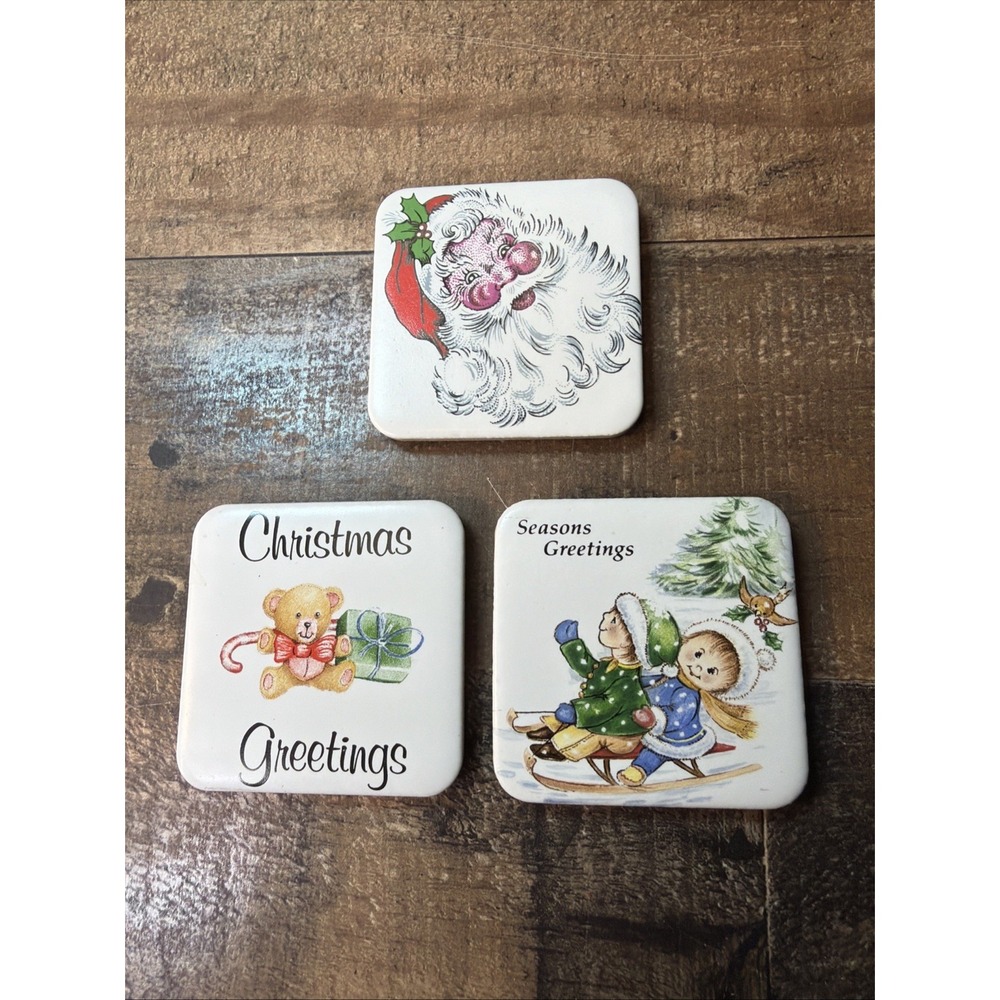 Christmas Ceramic Tile Refrigerator Magnets Lot of 3 Santa Teddy Bear Sled Vtg